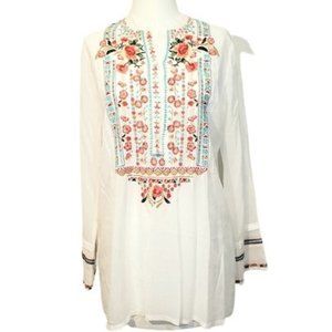 EUC Johnny Was Long Sleeve Embroidered White Tunic S